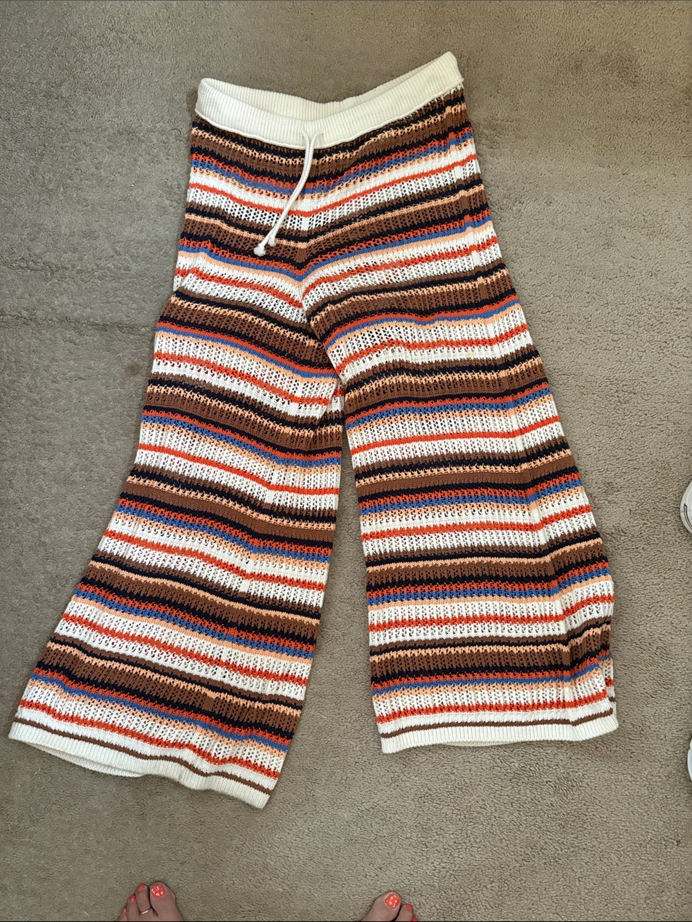 aerie Striped Wide Leg Knit Pants in White, Brown, Orange, Blue